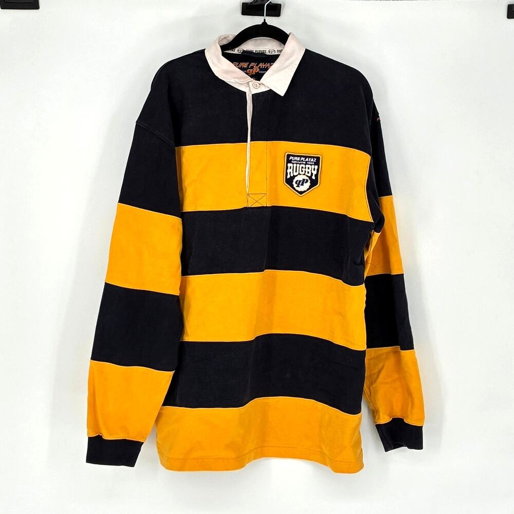 Vtg 90s Pure Playaz Men's Navy & Yellow Striped Long Sleeve Rugby Polo - XL